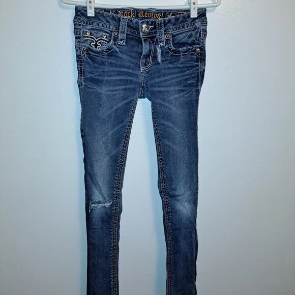 🪨 Rock Revival Allegra Skinny Jeans W/Leather Embroidered Flap Pockets size 25 - Picture 3 of 16